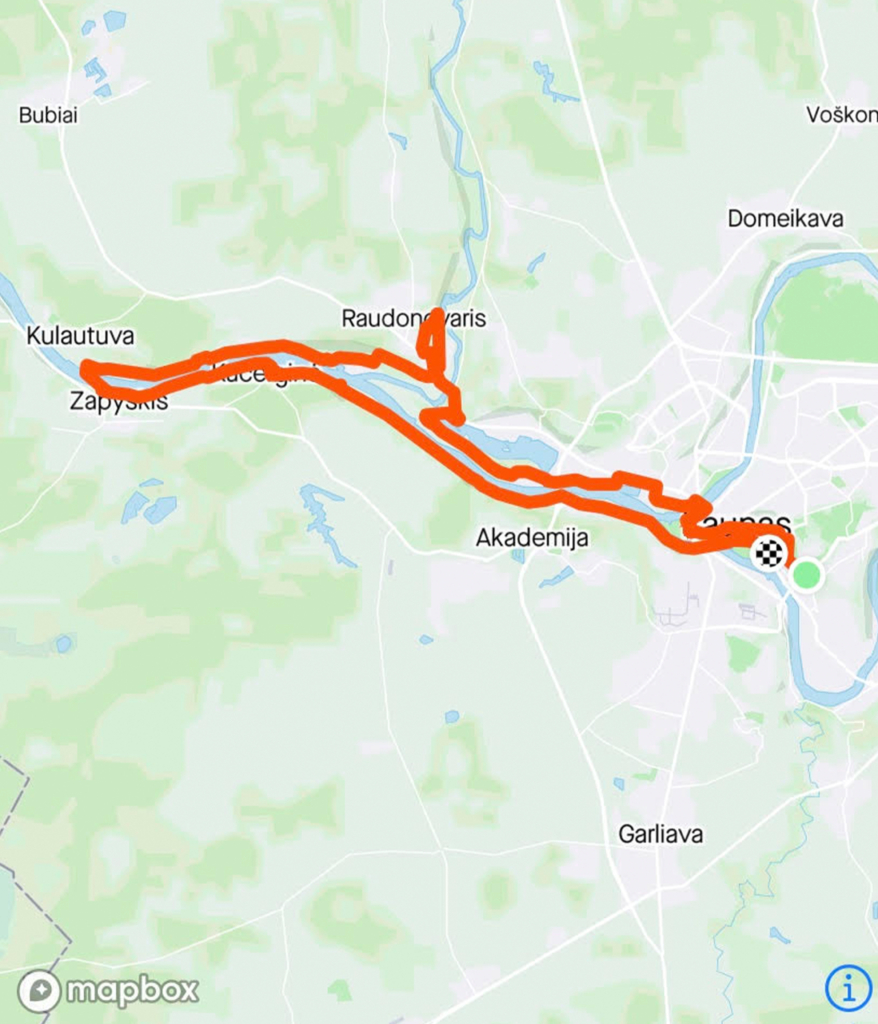 Žemėlapio nuotrauka vaizduojanti maršrutą Kauno apylinkėmis