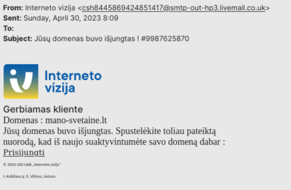 Svarbi informacija dėl SPAM pobūdžio laiškų, prisidengiant Interneto vizija